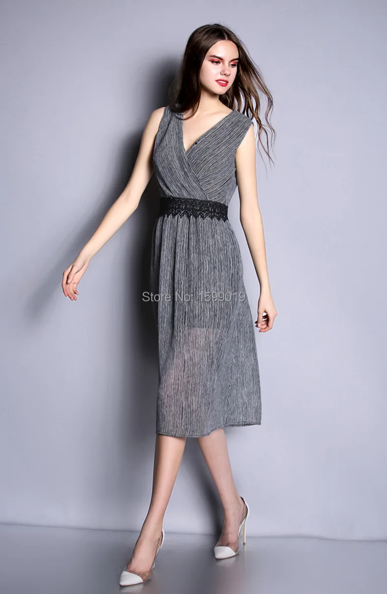 2015 New Women Clothing Mid-Calf Long Dress V-Neck Sexy Lady Silk Sleeveless A-Line Lace Dresses | Женская одежда