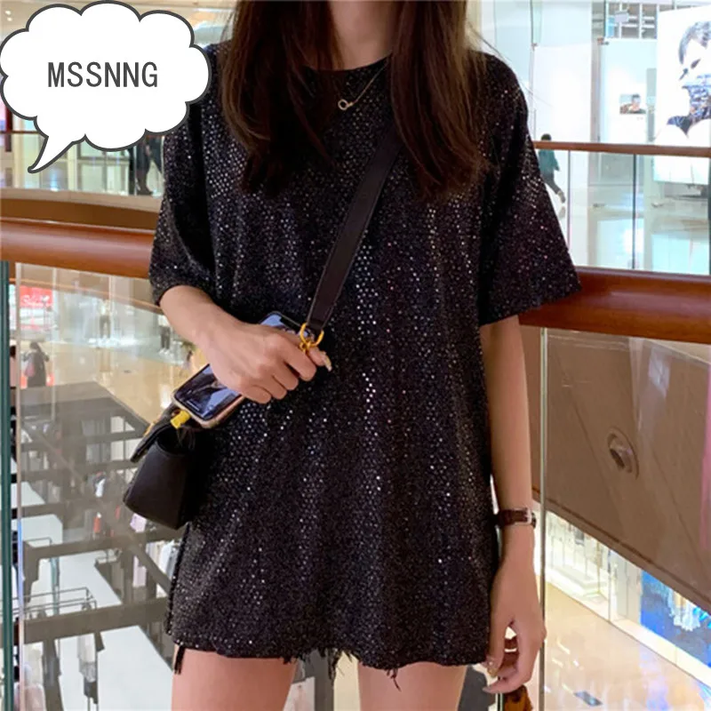 Женская длинная футболка с блестками MSSNNG свободная в азиатском стиле