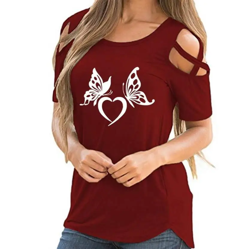 

2022 Fashion New Beautiful Butterfly Heart Print Bandage Off Shoulder T-Shirt For Women T-Shirt Women Tops Femme Tumblr