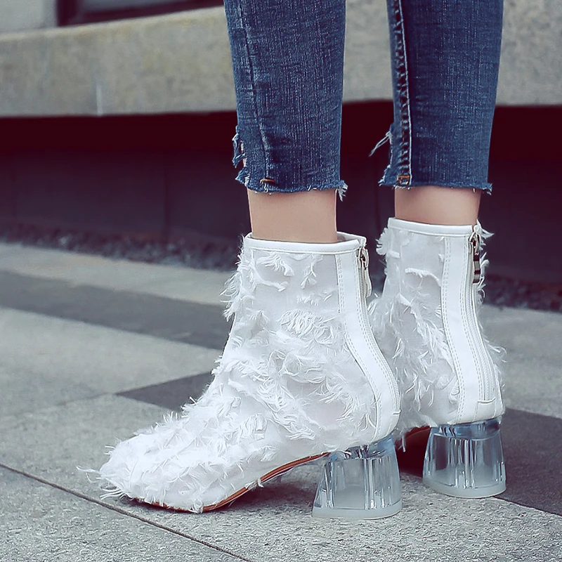 

CuddlyIIPanda Autumn Fashion Feather Women Ankle Boots Rear Zipper High Heels Fashion Boots Transparent Heel Chelsea Boots