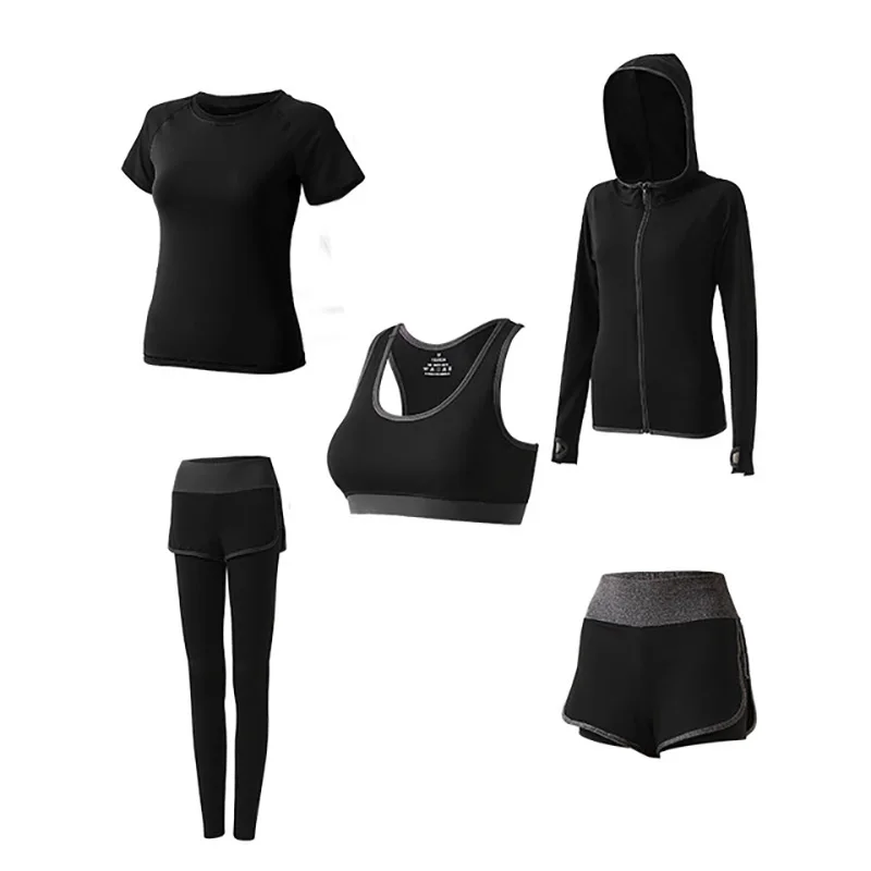 High waist dark gray Комплект из 5 предметов,, одежда для тренировок, быстросохнущая, впитывающая пот, дышащая, высокая талия, спортивная одежда для йоги, костюм для женщин - Цвет: High waist dark gray