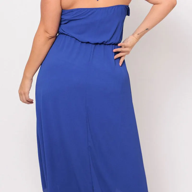 Женское платье на бретельках RICHIETRADE синее с оборками без рукавов круглым вырезом