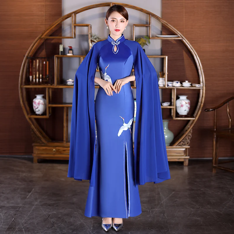 Китайский стиль женские сексуальные вечерние платья с длинным рукавом Qipao