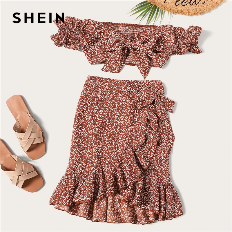 SHEIN Модный летний женский комплект из двух предметов: топ с открытыми плечами и юбка с рюшами
