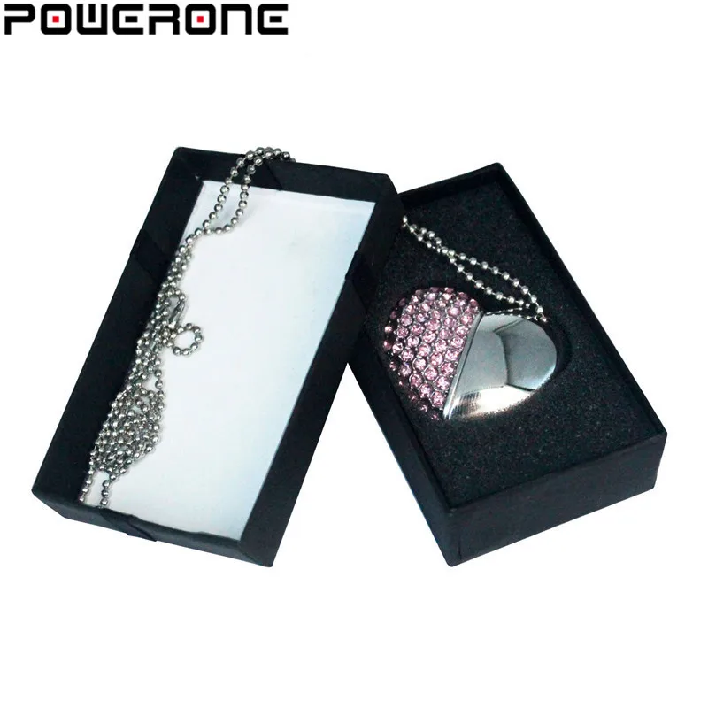 POWERONE Metal diamond crystal heart with gift box USB flash drive pendrive 8GB 16gb 32GB 64GB Memory stick thumb drive Gifts