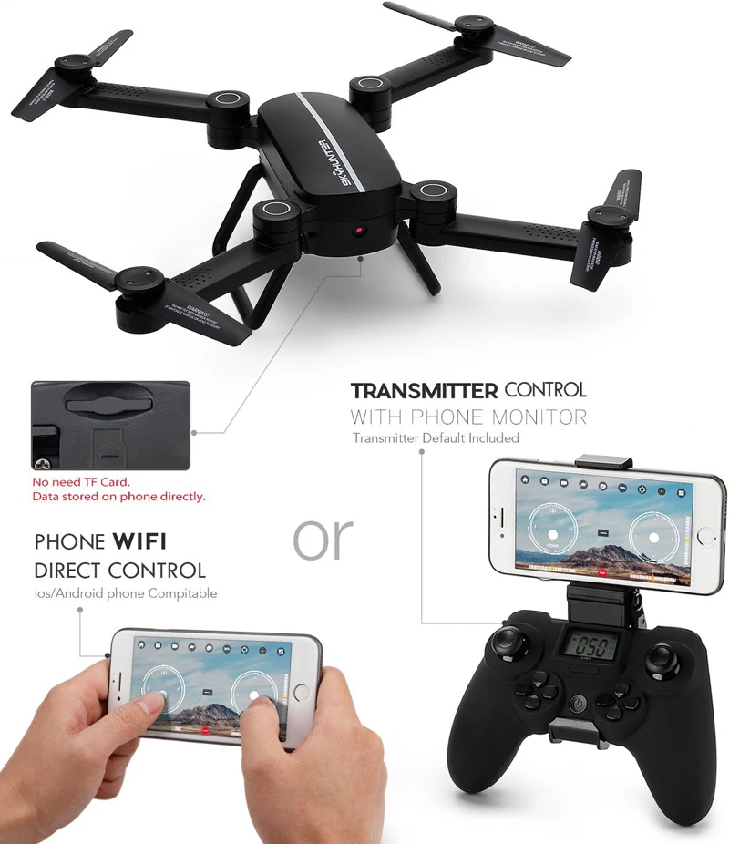 Складной Дрон для селфи EBOYU(TM) X8TW Sky Hunter с Wi-Fi FPV 0.3MP HD камерой, удерживающий высоту, с безголовым режимом, Радиоуправляемый квадрокоптер, Дрон