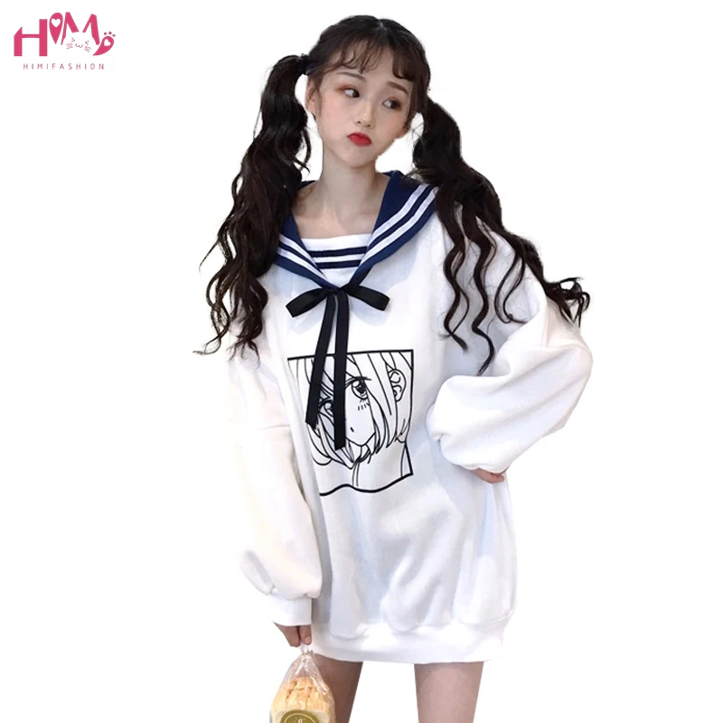 Женские зимние теплые толстовки Harajuku с мультипликационным принтом Kawaii пуловеры
