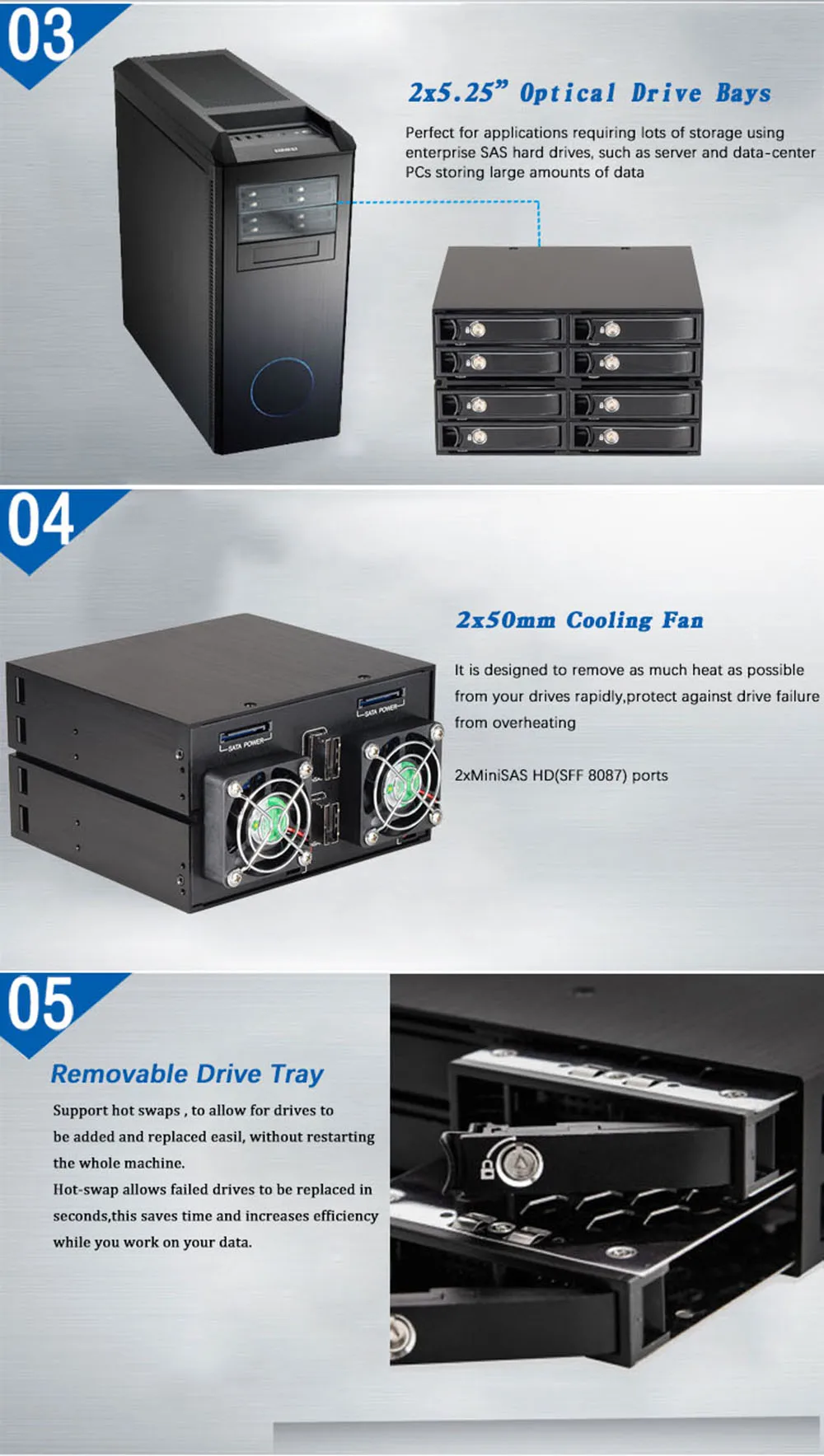 Алюминиевый 2," 8-bay SATA/SAS SSD/HDD мобильный стеллаж с 2 Mini-SAS HD(SFF-8087) для 2 x Внешний 5,25" отсек привода