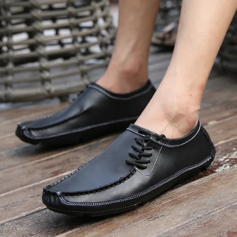 

AKZ Spring Summer Loafers Men Casual shoes cow Split Leather Breathable Comfortable Light Male Flats shoes Lace up Big Size
