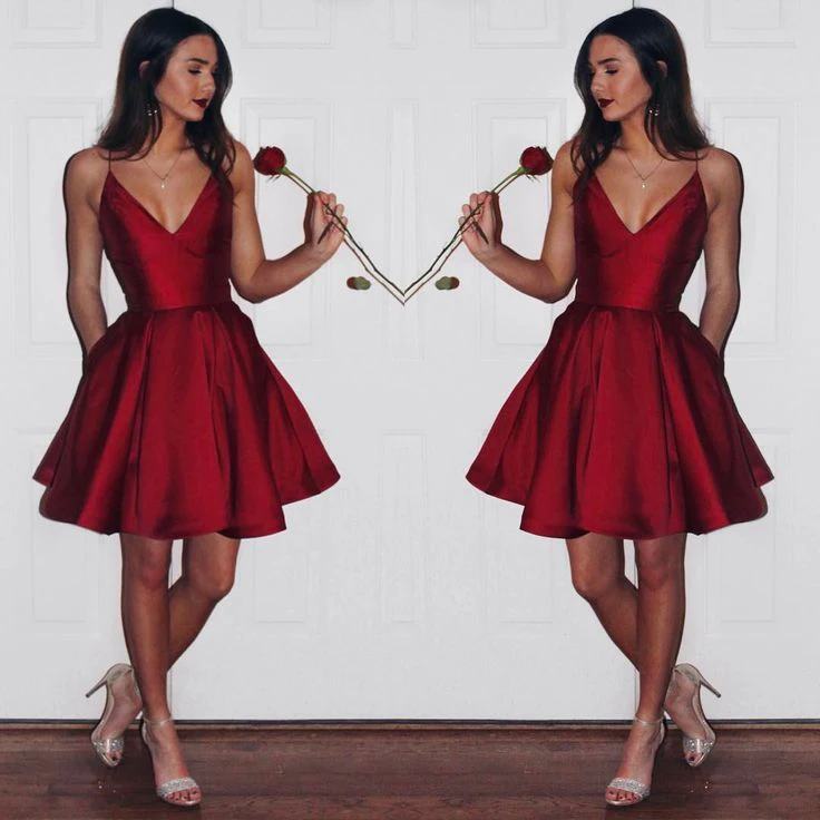 

Burgundy Elegant Cocktail Dresses A-line V-neck Short Mini Satin Sexy Party Plus Size Homecoming Dresses