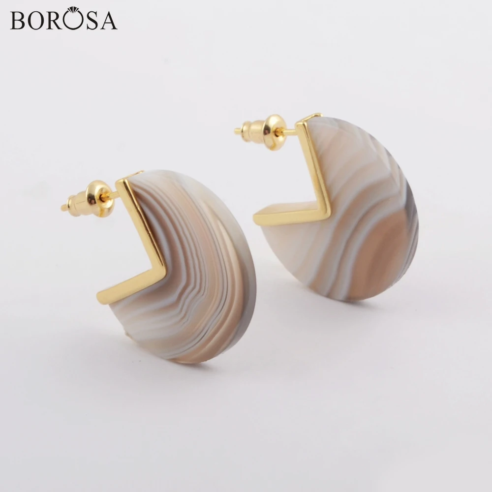 Женские серьги гвоздики BOROSA позолоченные из натурального оникса и агата 5 пар