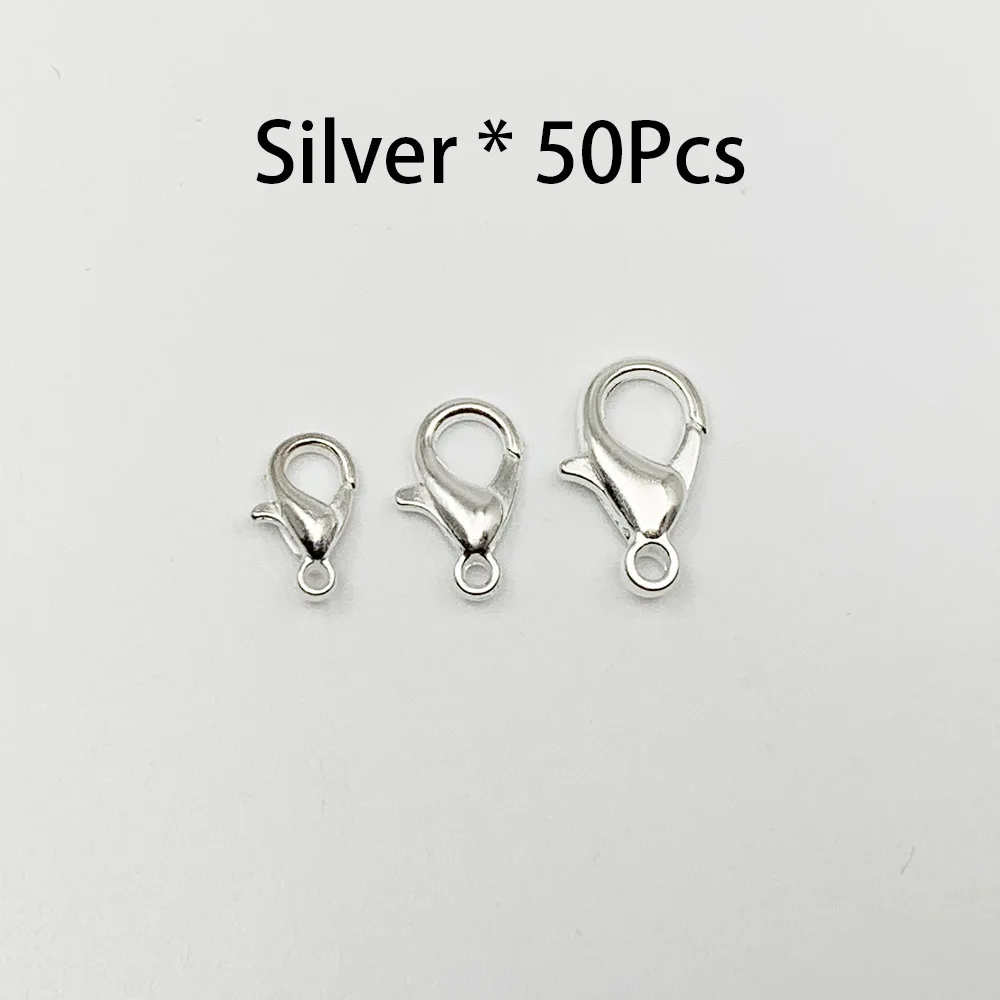 Silver 50 шт./лот, 10*5, 12*6, 14*7 мм, золото, серебро, родий, металл, омары, застежки, крючки для ожерелья, браслета, цепи, сделай сам, ювелирное изделие - Цвет: Silver