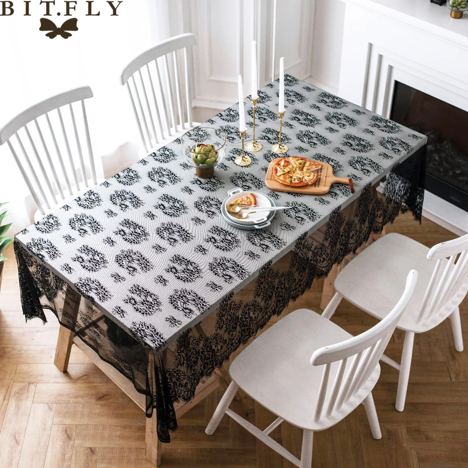 Белый черный прямоугольный кружева ресниц Цветочная скатерть для Бохо банкета