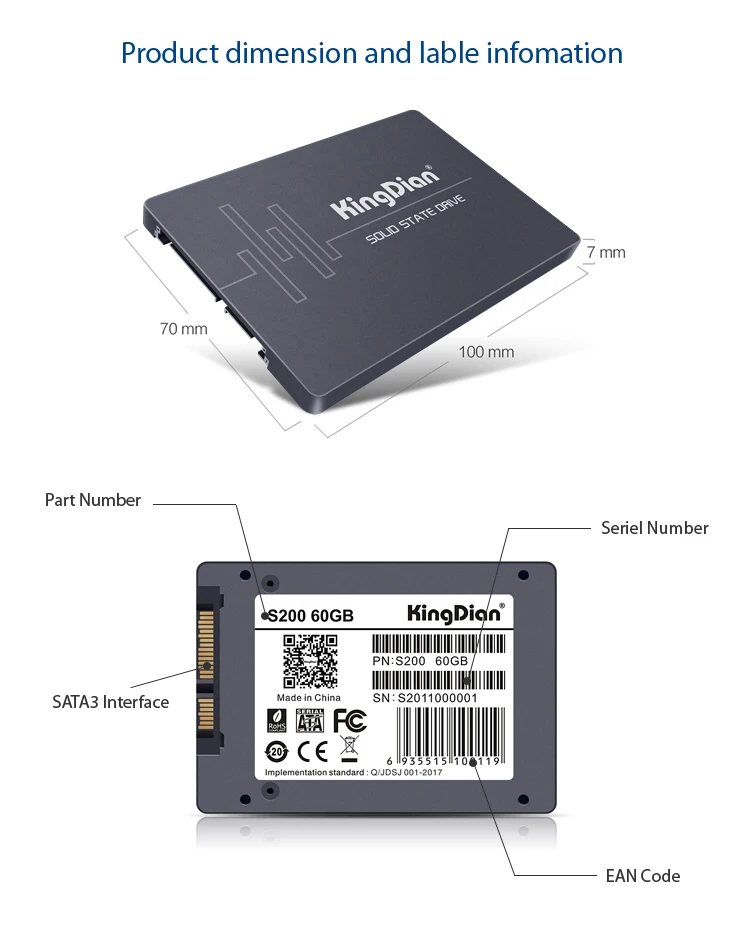 KingDian SATA3 60 Гб 64 Гб Внутренние твердотельные диски SSD жесткий диск HDD 2,5 дюймов для ноутбука рабочего стола высокая скорость(S200 60 Гб
