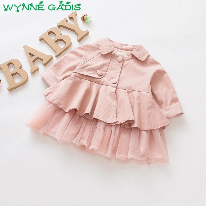 Осенний однотонный сетчатый Тренч для маленьких девочек с длинным рукавом и