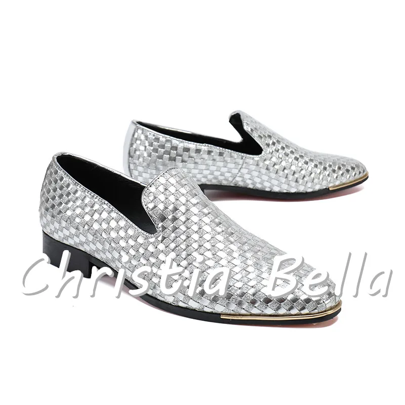 Christia Bella 2018 Fashion Silver Plaid Men Loafers Genuine Leather Party Dress Shoes Slip on Smoking Slippers Flats | Обувь