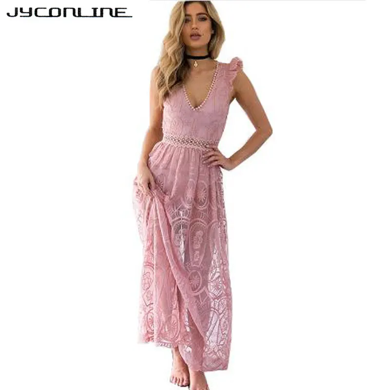 Белое ажурное сексуальное кружевное платье JYConline женское летнее длинное макси