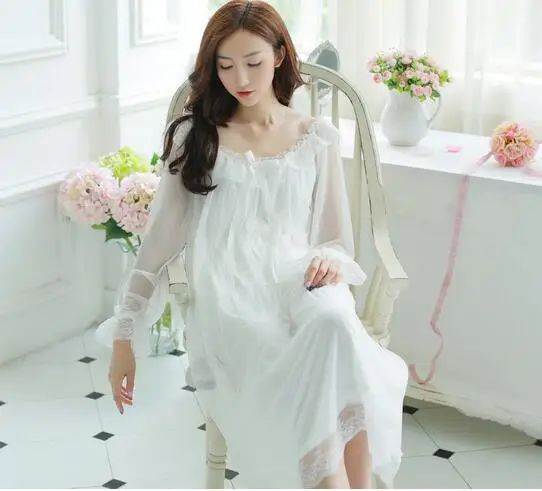 Ночная рубашка с длинным рукавом женская хлопковая кружевная длинная для лета A707