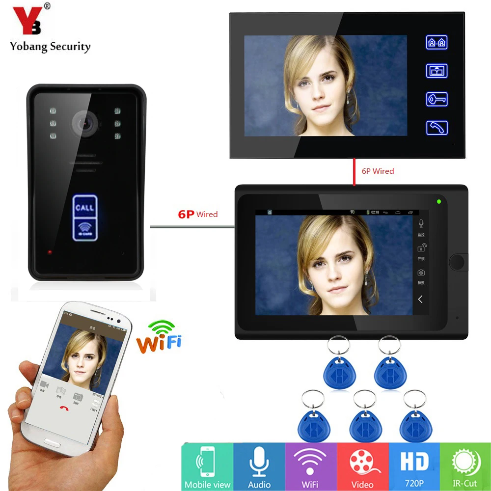 Yobang Security Wireless Video Door Phone Wifi 7 Inch Monitor RFID Visual Home Intercom 1 Camera 2 APP Control | Безопасность и