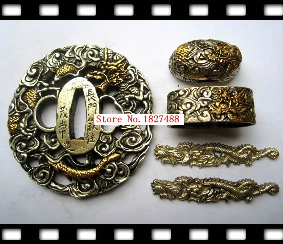 W/Dragon Design японский меч самурая катана медный фитинг TSUBA + FUCHI KASHIRA menumi|fuchi kashira|kashira