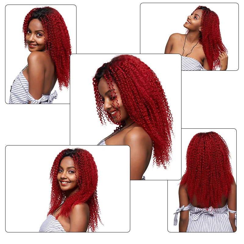 Kiss Mee T1B Red Lace Front Wig Curly Human Hair Laced Remy Dark Root Ombre Brazilian Kinky For Black Women | Шиньоны и парики