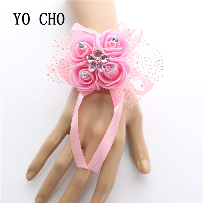 

YO CHO rhinestone Wrist Flower Bridesmaid Sisters Hand Flowers Artificial Bride Flower Wedding Decoration Wrist Corsage Bracelet
