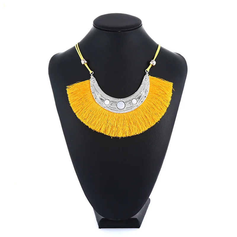 Silver Yellow KMVEXO богемное ожерелье с подвеской и кисточками, черный, синий, красный, желтый, белый цвета, бахрома с кисточками, Золотая смола, этническая цепочка на свитер, ювелирное изделие, подарок - Окраска металла: Silver Yellow