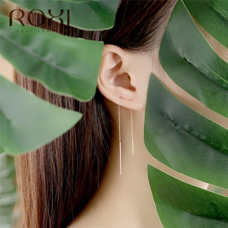 ROXI, 925 пробы, серебряные серьги для женщин, длинные серьги с кисточками, линия ушей, Геометрическая палка, висячие серьги, ювелирное изделие