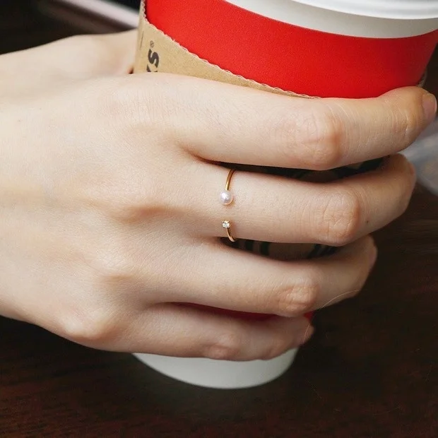 New Plated 14K Yellow Gold Ring Japanese Light Luxury Natural Shell Pearl with Diamond Open Rings Jewelry | Украшения и