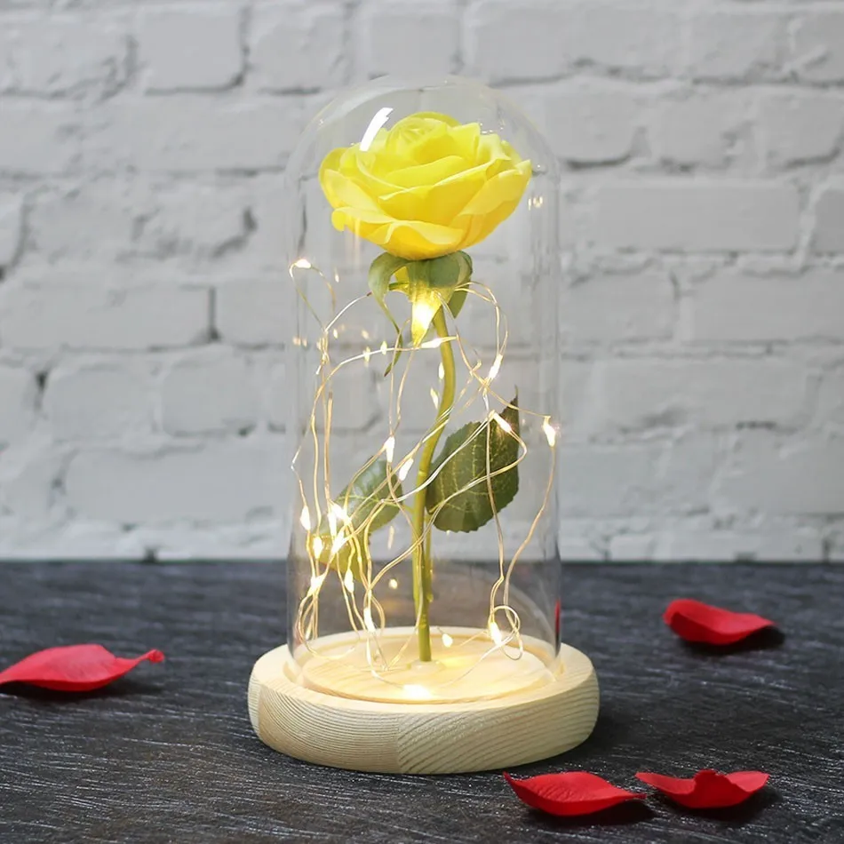 yellow wood base Новая Красавица и Чудовище Роза, Роза в стеклянном куполе, красная роза, сохраненная Роза, Belle Rose, специальный романтический подарок на день рождения - Цвет: yellow wood base