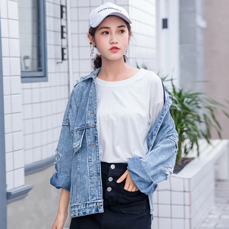 Потертая модная Корейская куртка женская джинсовая Женская Базовая рукав