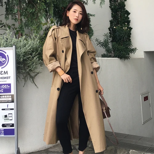 Хаки Лидер продаж, Модный Плащ цвета хаки, Повседневная Женская Длинная Верхняя одежда, свободная одежда для женщин с поясом, осенне-зимняя ветровка, плащ - Цвет: Хаки