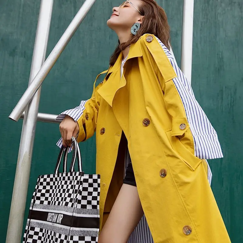 2020 New fashion Spring Autumn Streetwear Windbreaker Female Long Coat Striped Stitching Yellow Casual Trench Mujer FY23 | Женская