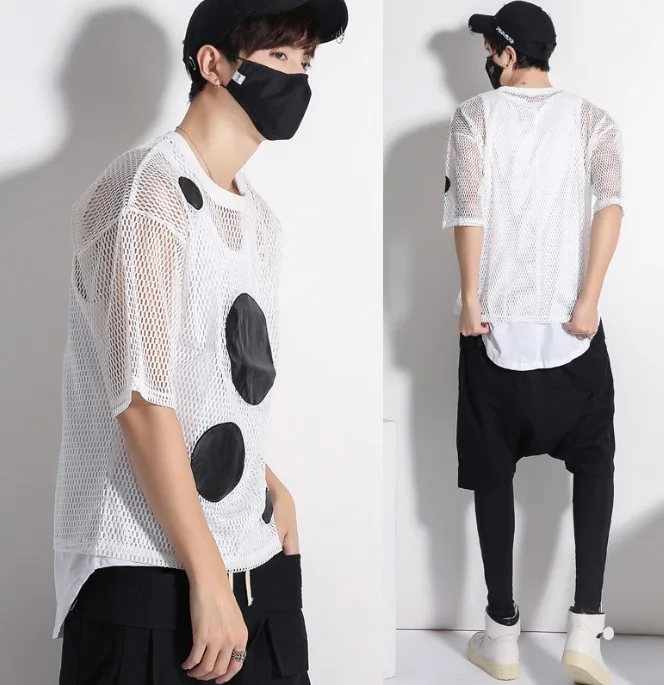 Мужская футболка в горошек с коротким рукавом стильная сеточку графическим