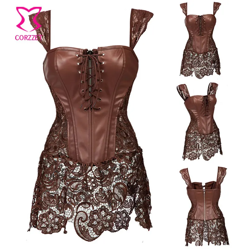 Коричневые кожаные стимпанк корсет платье Готический Костюмы плюс Размеры Для