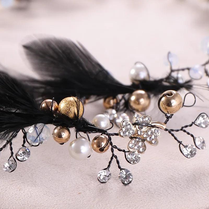 Женская повязка на голову с черными перьями жемчугом|Украшения для волос| |