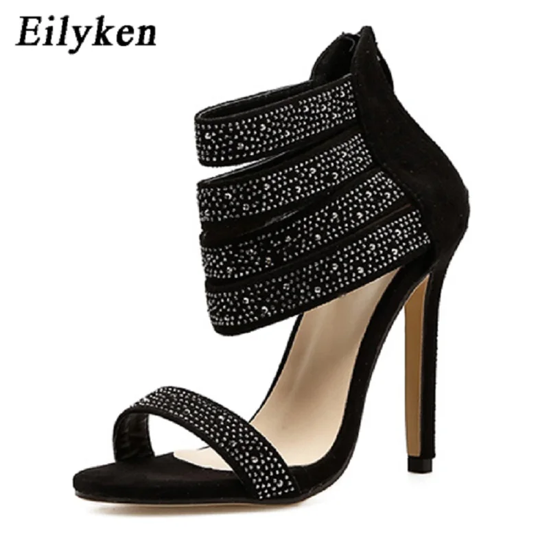 Eilyken/Новинка года; пикантные женские босоножки со стразами; модельные женские туфли на высоком каблуке с вырезами и ремешком на щиколотке; zapatos mujer - Цвет: black
