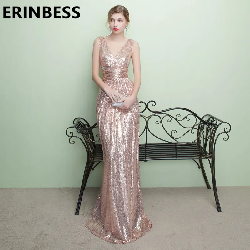 Erinbess длинное Длина бокал для шампанского свадебные платья, расшитые блестками пикантные V образным вырезом Кепки рукавом Русалка официальная Вечеринка платье для свадебных торжеств Для женщин