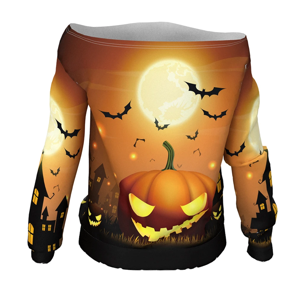 Стильный женский 3d свитшот с принтом на Хэллоуин открытыми плечами тыква летучая