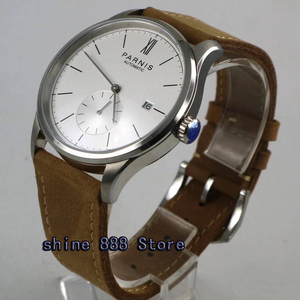 Мужские автоматические часы 42 мм с белым циферблатом верблюжьим ремешком ST1731 |