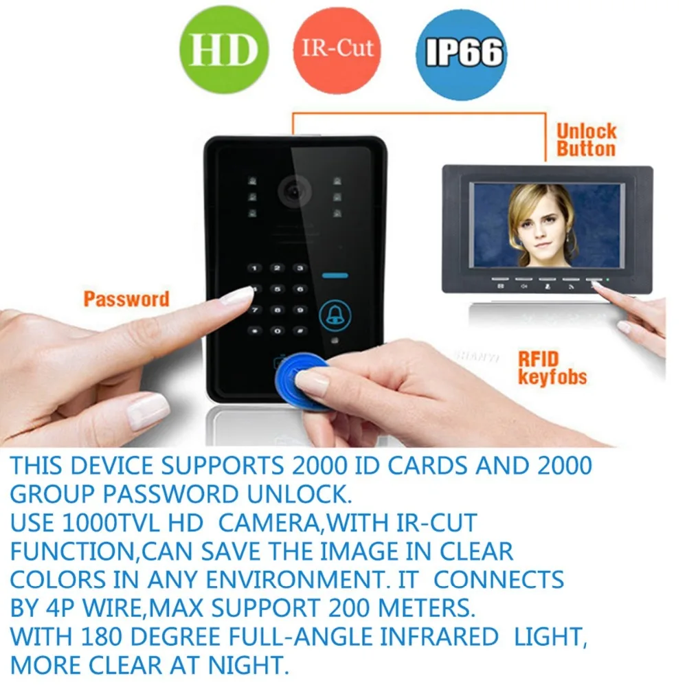 Home Security 7 inch 2 Monitor RFID Password Video Door Phone Intercom Doorbell With IR Camera Access Control System+Locks | Безопасность