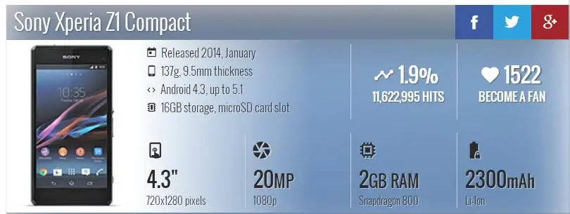 Сотовый телефон sony Xperia Z1 Compact D5503, 3G/4G, Android, четырехъядерный процессор, 2 Гб ОЗУ, экран 4,3 дюйма, 20,7 Мп, камера, wifi, gps, 16 Гб памяти