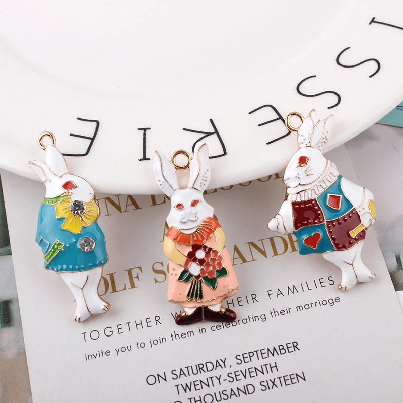 

6pcs/lot Alice Rabbit Enamel Charms Bracelet Fit DIY Rabbit Oil Drop Gold Alloy Pendant Charm Earring Jewelry Accessories YZ123