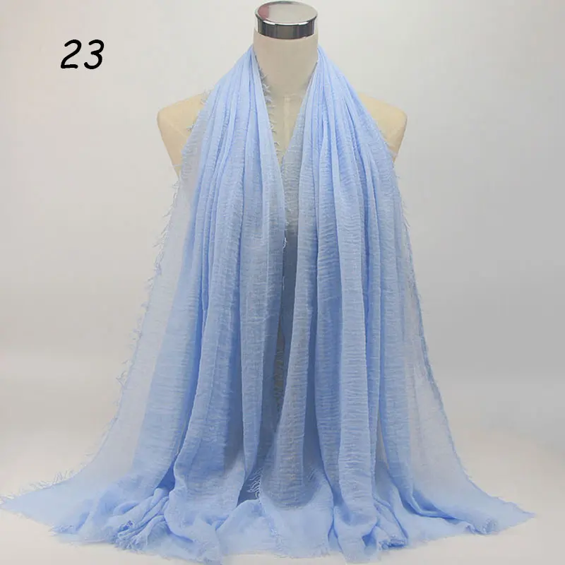 23 Light Blue Scarf Sparsil Весенний хлопковый женский шарф Одноцветный мнущийся Ретро шарф с короткими кисточками 180 см Большие шали мусульманские женские хиджабы - Цвет: 23 Light Blue Scarf