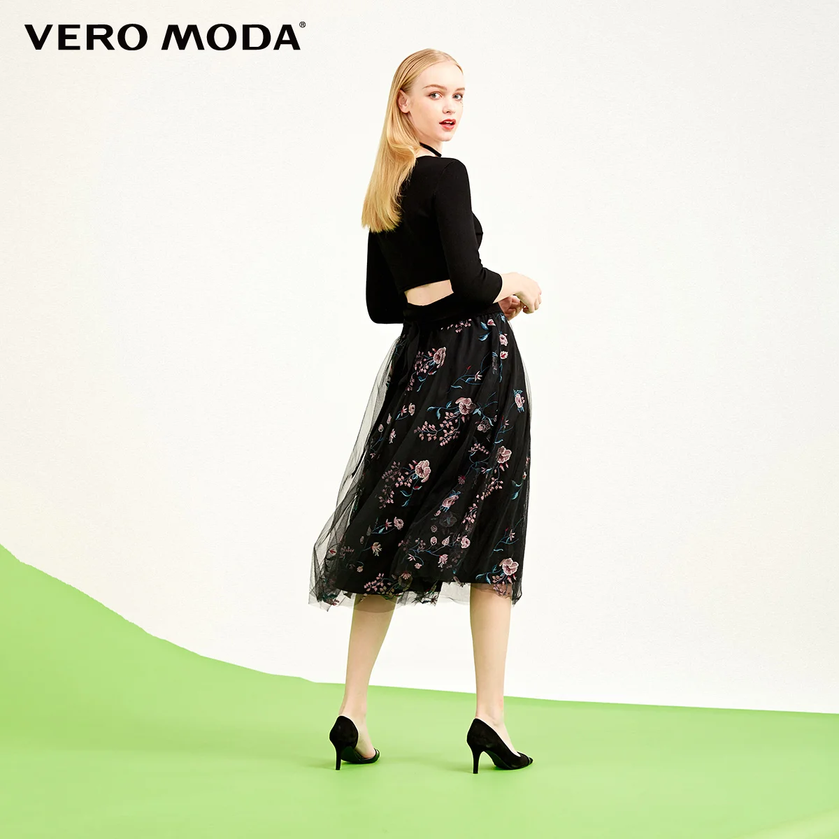 Vero Moda summer new style with mesh gauze embroidery A-line three-quarter sleeve round neck dress | 318146505