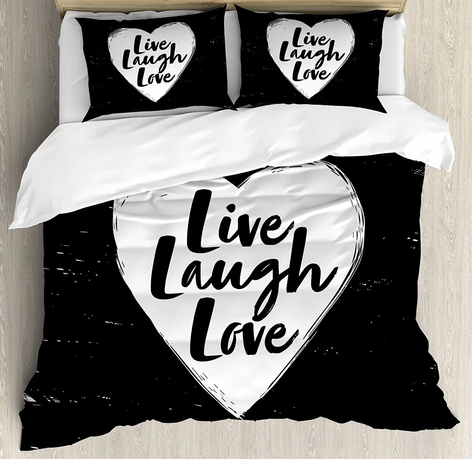 Live Laugh Love Duvet Cover Set Illustration of a Grunge Inspired Heart and Quote Black Decorative 4 Piece Bedding | Дом и сад