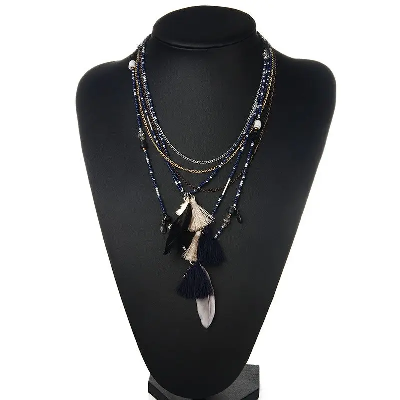 Shineland Multi-Color Feather Necklaces &amp Pendants Beads Chain Statement Necklace Women Collares Ethnic Jewelry Gifts | Украшения и