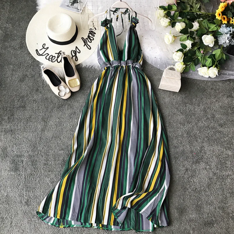 Женское летнее платье 2019 с оборками эластичное высокой талией контрастное в