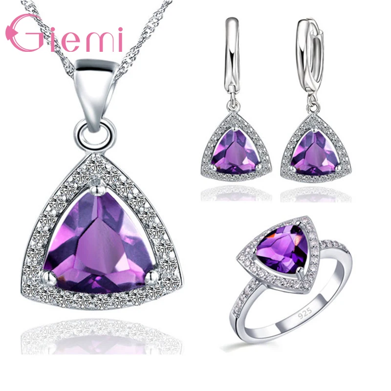 

Exquisite 925 Sterling Silver Triangle Shiny Cubic Zirconia Stone Pendant Necklace Earrings Rings Women Jewelry Sets