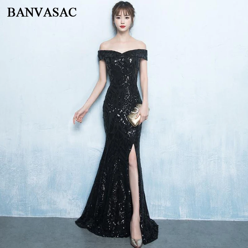 BANVASAC 2018 Элегантное Длинное Вечернее Платье с вырезом лодочкой разрезом и